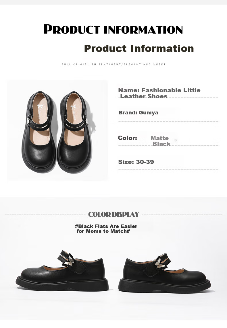 Guniya Girls Children's Leather Shoes Square Toe Breathable Soft Sole School Performance Shoes Black Matte Size 30 11