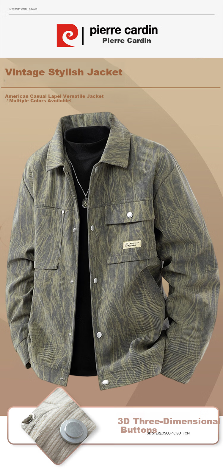 Pierre Cardin Men's Spring Autumn Loose Warm Workwear Jacket Trendy Retro Clothing Military Gray Regular 4XL 2
