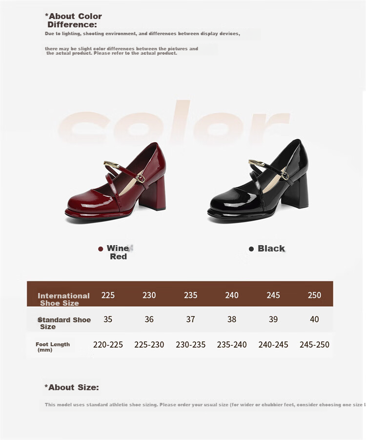 Daphne Women's Chunky Heel Mary Jane Shoes Autumn Patent Leather High Heels Low-Cut Single Shoes 4025404014 Black Size 36 4