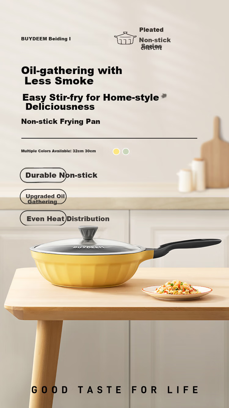 Buydeem 32cm Non-Stick Frying Pan Skillet Light Smoke Oil-Gathering Shallow Green Induction and Gas Stove Compatible 2