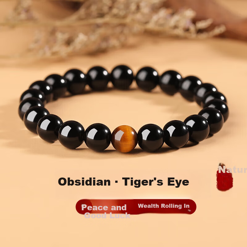 Jinshiling Natural Obsidian Bracelet Unisex Tiger Eye Stone Fortune Beads Buddhist Prayer Beads Birthday Gift for Elders in Zodiac Year