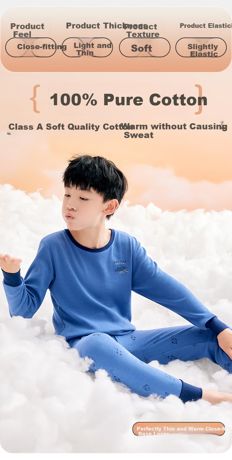 Hodohome Boys' Cotton Thermal Underwear Set Autumn Long Johns Pajamas 107 Blue Size 160 1