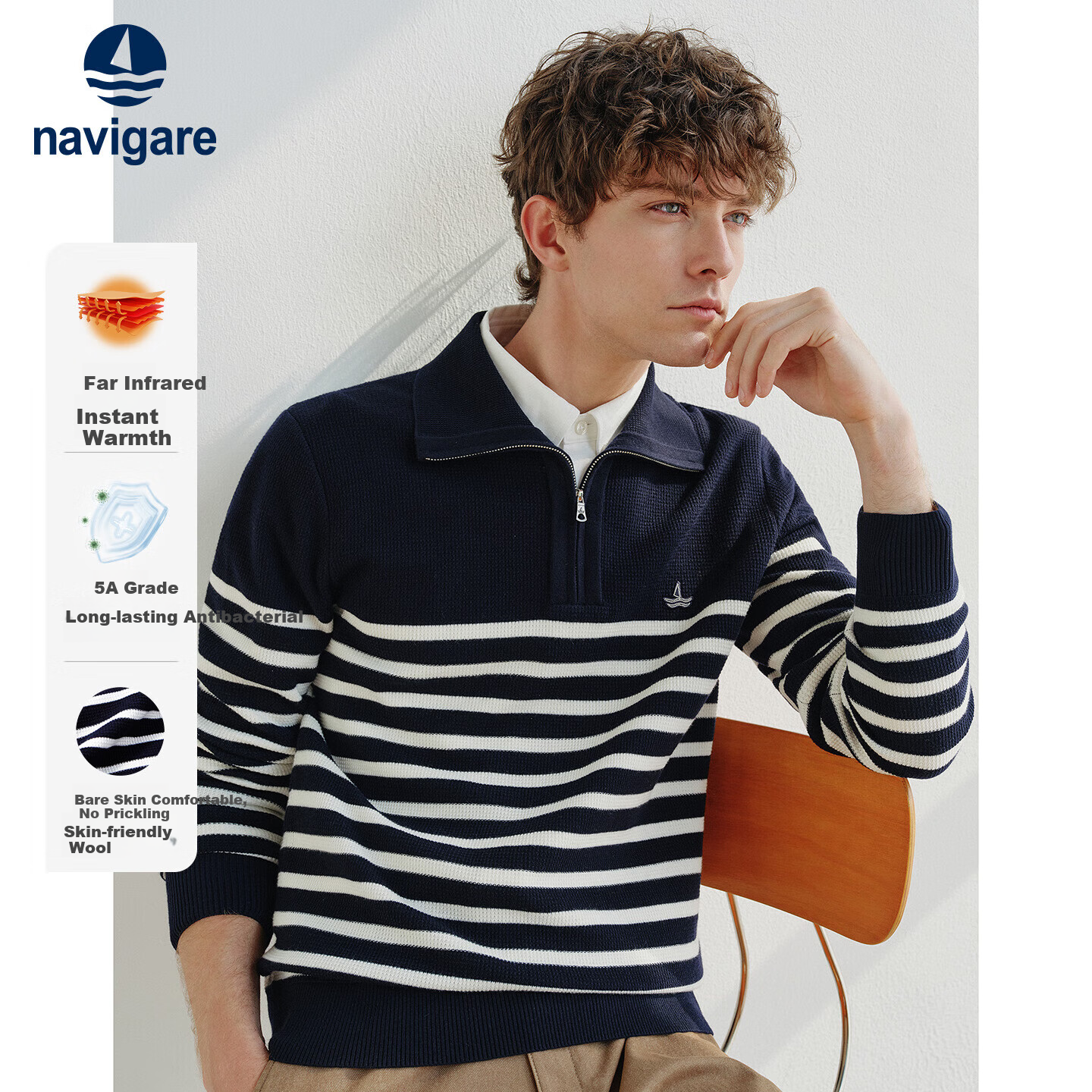 Navikail Star Model Italian Small Sailboat Men's 25-Style Half-Open Collar Striped Casual Knit Sweater 1344045502
