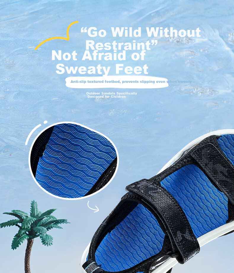ERKE Children's Shoes, Boys' Sandals, Kids' Double-Layer Velcro Open-Toe Outdoor Sandals, Black/beach Blue, Size 36 6