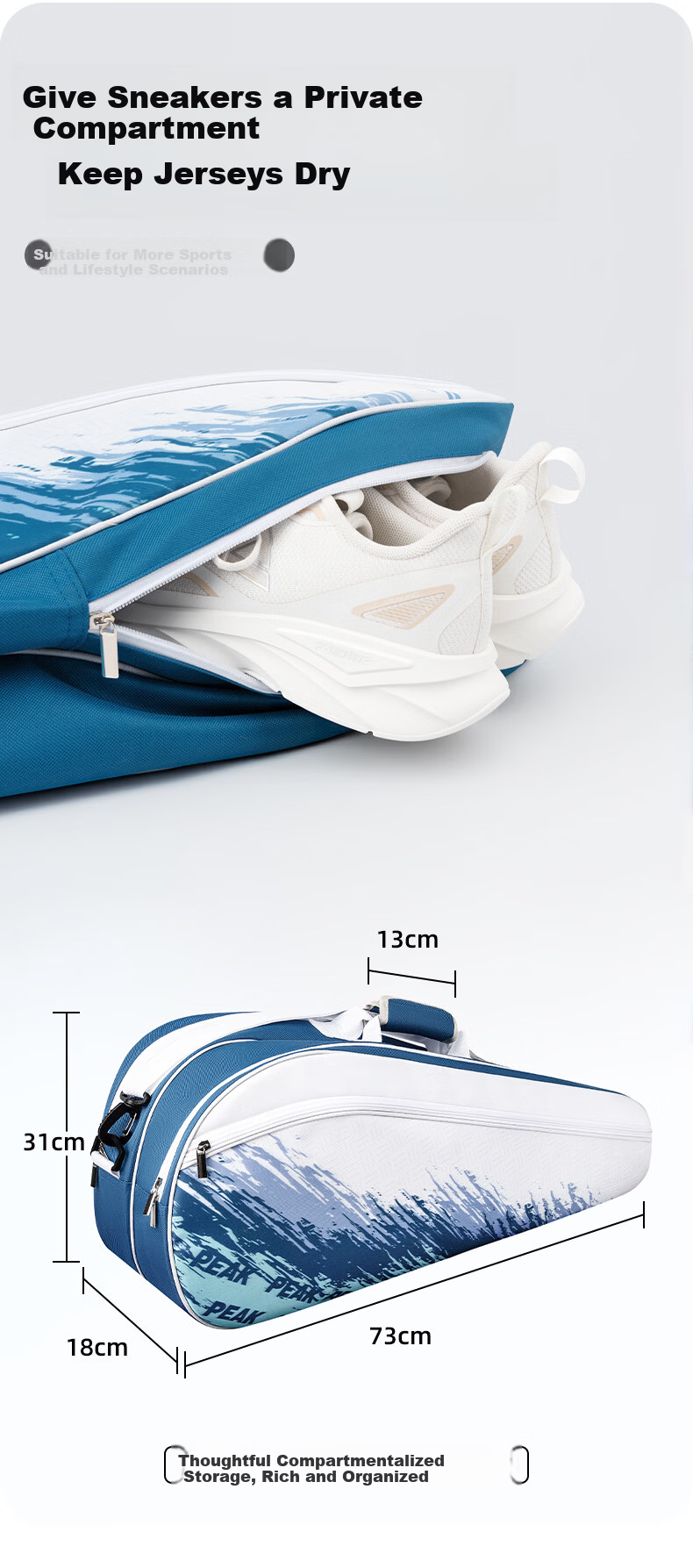 Peak Badminton Bag Handheld Shoulder Double Shoulder Crossbody Outdoor Large Capacity Multifunctional White Blue 8
