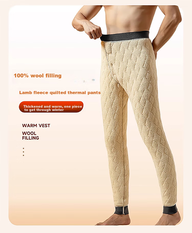 Langsha 100% Wool Men's Autumn Winter Fleece Lined Thickened Lamb Wool Thermal Pants High Waist Knee Protection Extra Thick Base Layer Pants Northeast Style 1