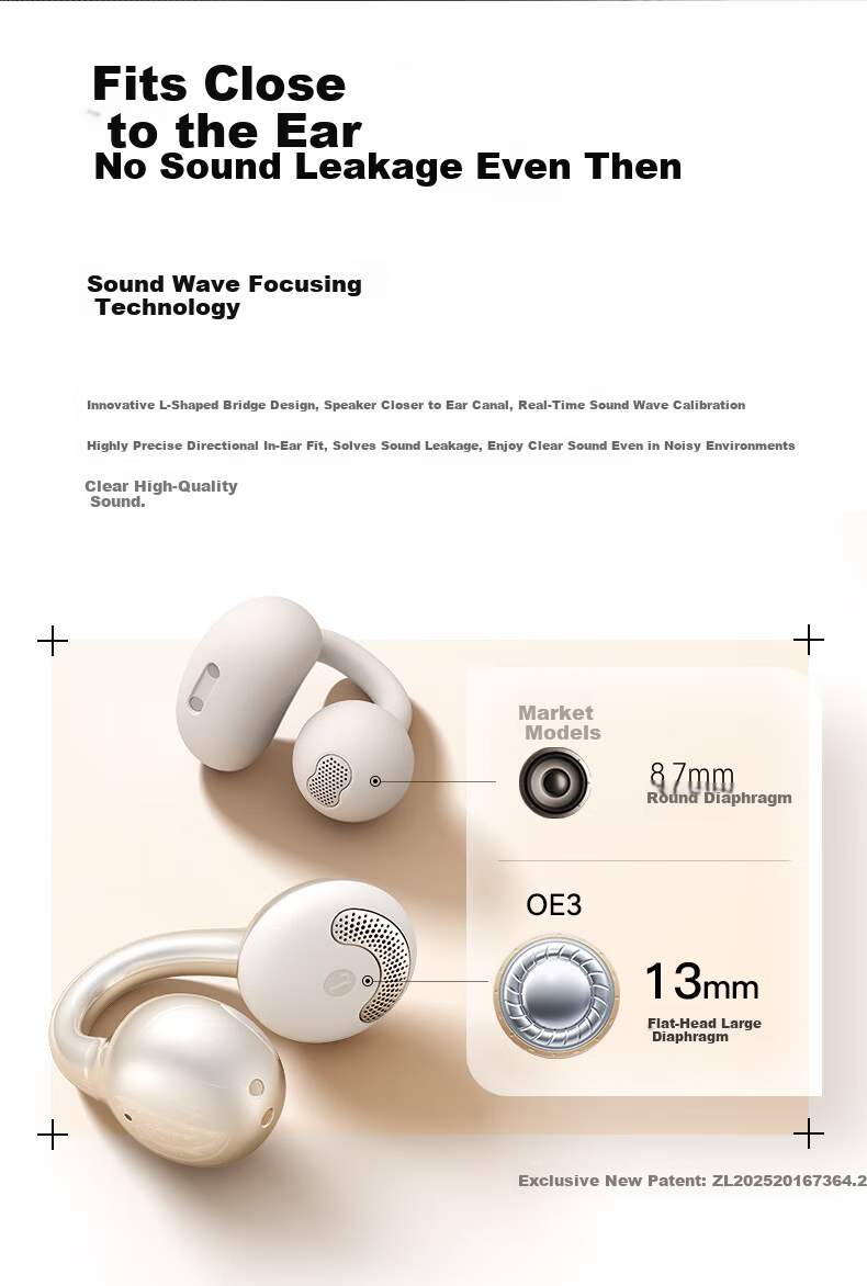 Joyroom OE3 Bluetooth Earphones L-Shaped Flat Head Clip-On Open-Ear Bone Conduction Wireless Sports Running Long Battery Life 2026 Latest Model 26