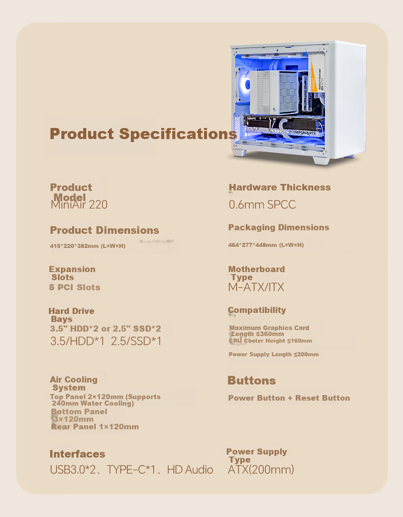 Enermax Mini Air 220 White Desktop PC Case with Tempered Glass Side Panel, Supports Micro-ATX and ITX Motherboards, 240mm Radiator Support, 6 Fan Slots 9