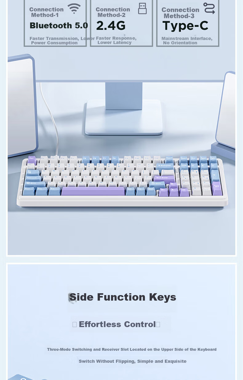 AULA F99Pro Wireless Customizable Mechanical Keyboard Gasket Structure 99-Key Hot-Swappable Wired Bluetooth Tri-Mode Office Gaming BlackBerry Pink Firefly Sky Axis 13