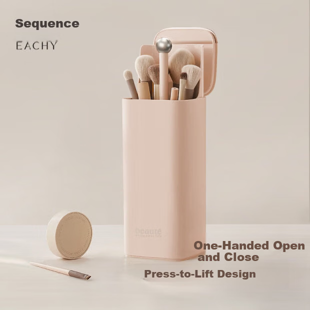 EACHY Makeup Brush Storage Cylinder with Press-Open Lid, Desktop Storage Box, Dustproof Covered Lipstick Organizer - Almond Pink