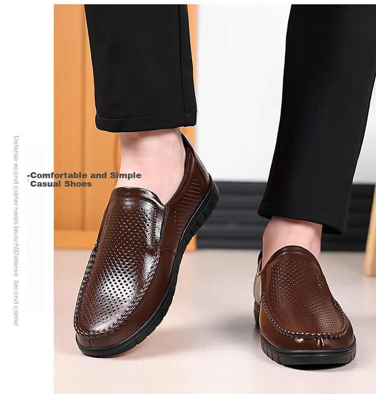 MEXICAN Business Casual First Layer Cowhide Men's Dress Shoes Hollow Breathable Slip-On Large Size Brown 39 18