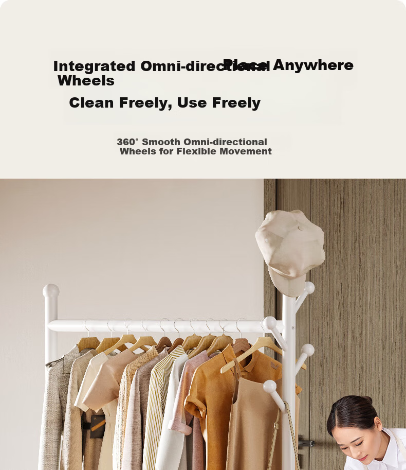 Yicai Nianhua Floor Clothes Drying Rack with Net and Wheels Multifunctional Bedroom Clothes Rack with Storage Basket and Coat Hanger 1255 14