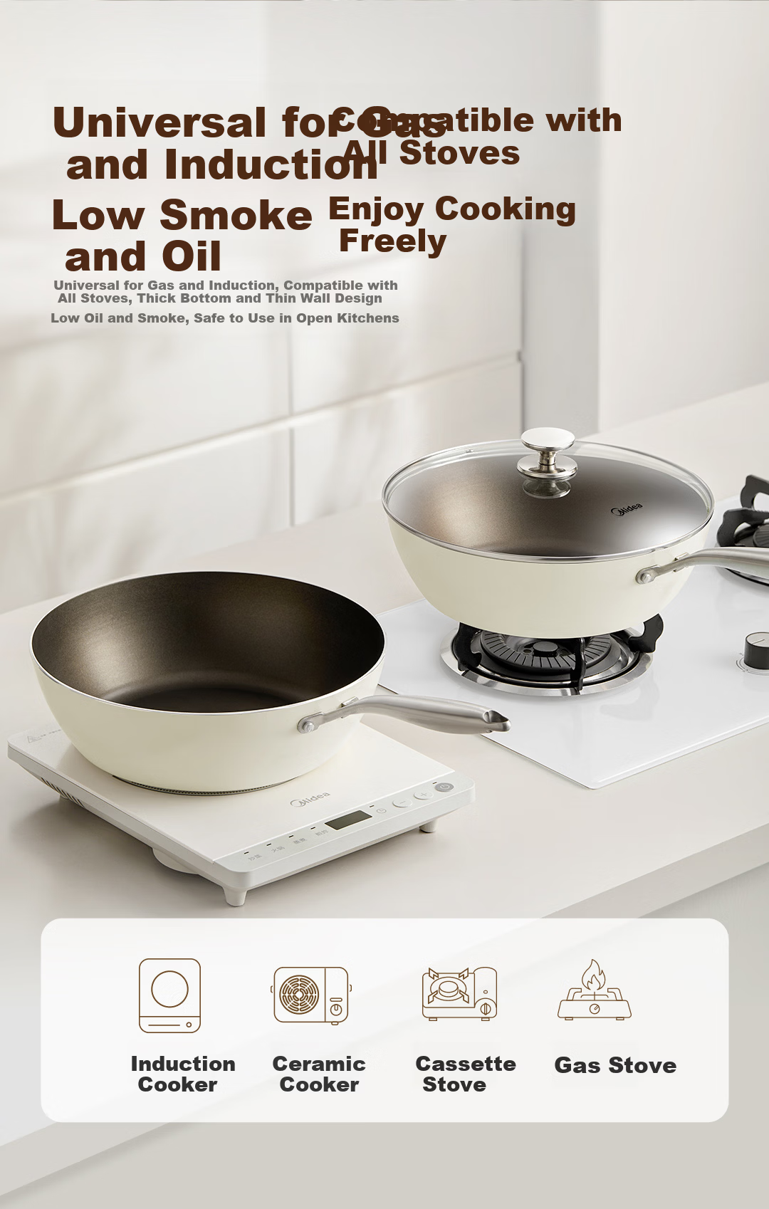 Midea Non-Stick Titanium Wok 30cm Flat Bottom Frying Pan Compatible with Induction Cooker 11