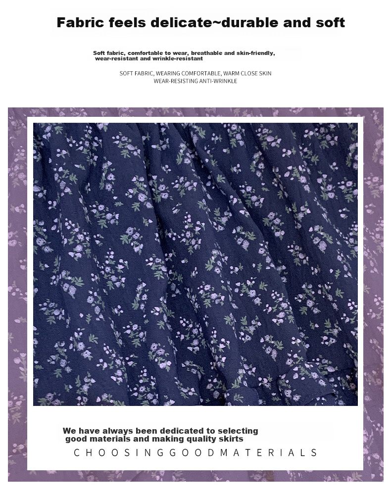 Langsha Navy Blue Floral Print High-Waist A-Line Skirt for Women 2026 Spring Vintage Casual Lazy Style Long Skirt 3