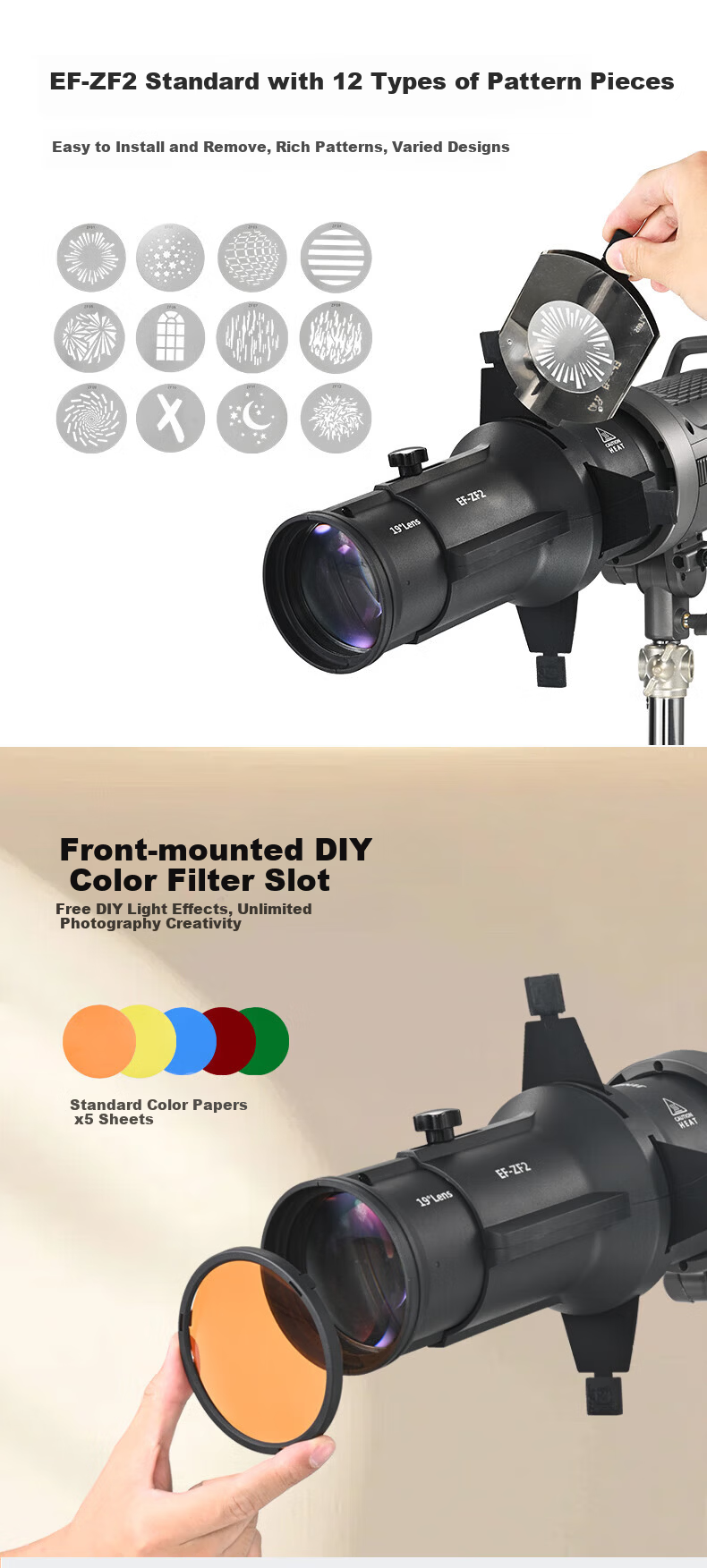 Jinbei EF-ZF2 (36° Lens) Focusing Spotlight Professional Imaging Lens LED Constant Light Optical Effect Spotlight Photography DIY Artistic Shaping Light Effect Background Photography 8