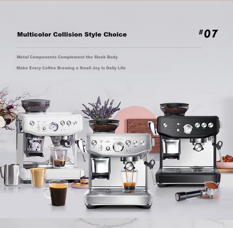 Breville BES876 Semi-Automatic Espresso Machine Home Italian Integrated Grinder and Milk Frother Smart Tamper Assistance System Large Capacity Water Tank 25-Level Grinder White 9