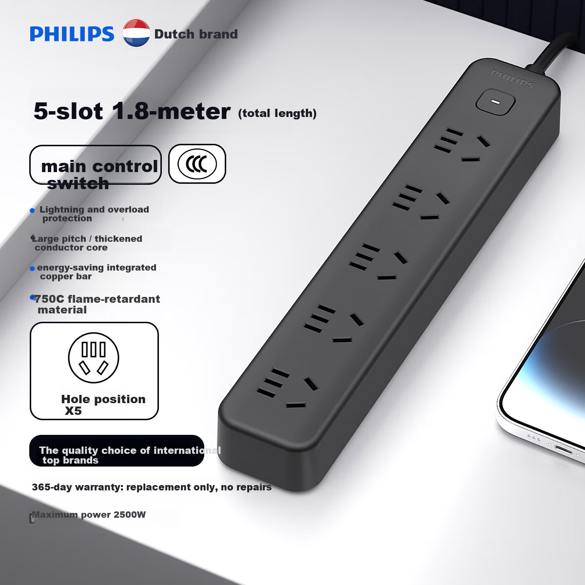 PHILIPS Surge Protector Power Strip 5 Outlets Master Control 1.8m High Power Protection Extension Cord Socket