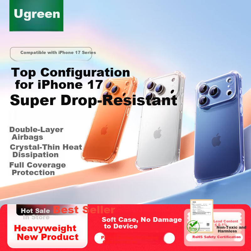 Ugreen [Upgraded Dual Airbags | Full Camera Button Coverage] Compatible with iPhone 17 Pro Case, Ultra-Thin Transparent Full-Coverage Shockproof Silicone Soft Case for Apple 17 Pro