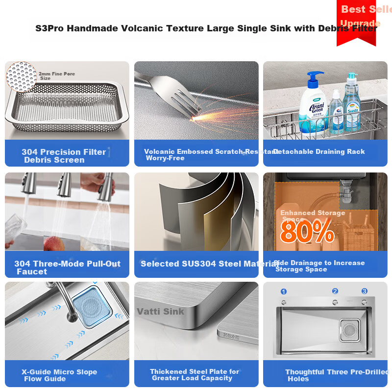 VATTI 304 Stainless Steel Kitchen Sink Large Single Bowl Integrated Basin Dishwasher Sink Top, Middle, and Bottom Installation S3 Pro