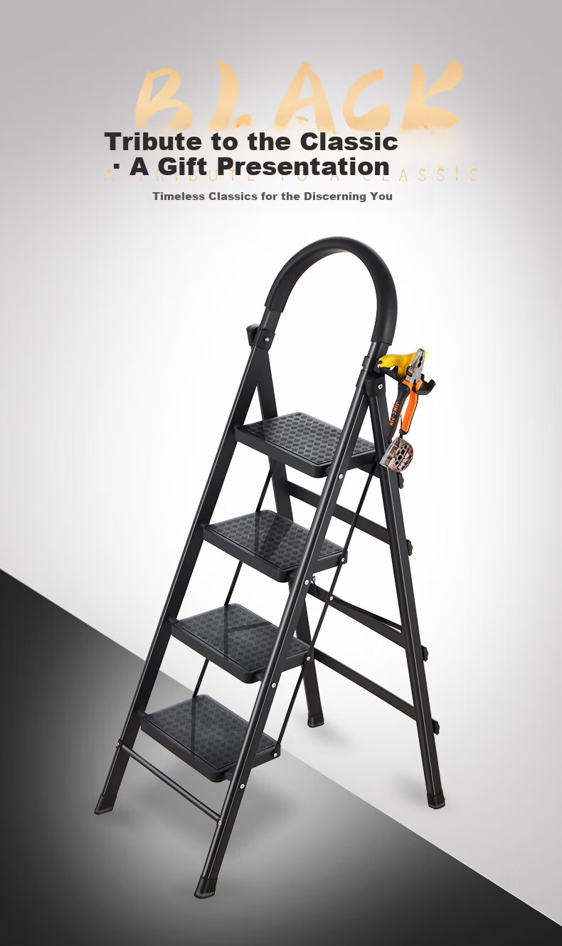 AOZHI Household Folding Ladder Elevated Thickened Step Ladder Thickened Pedal Engineering Ladder Black Three-Step Ladder 2