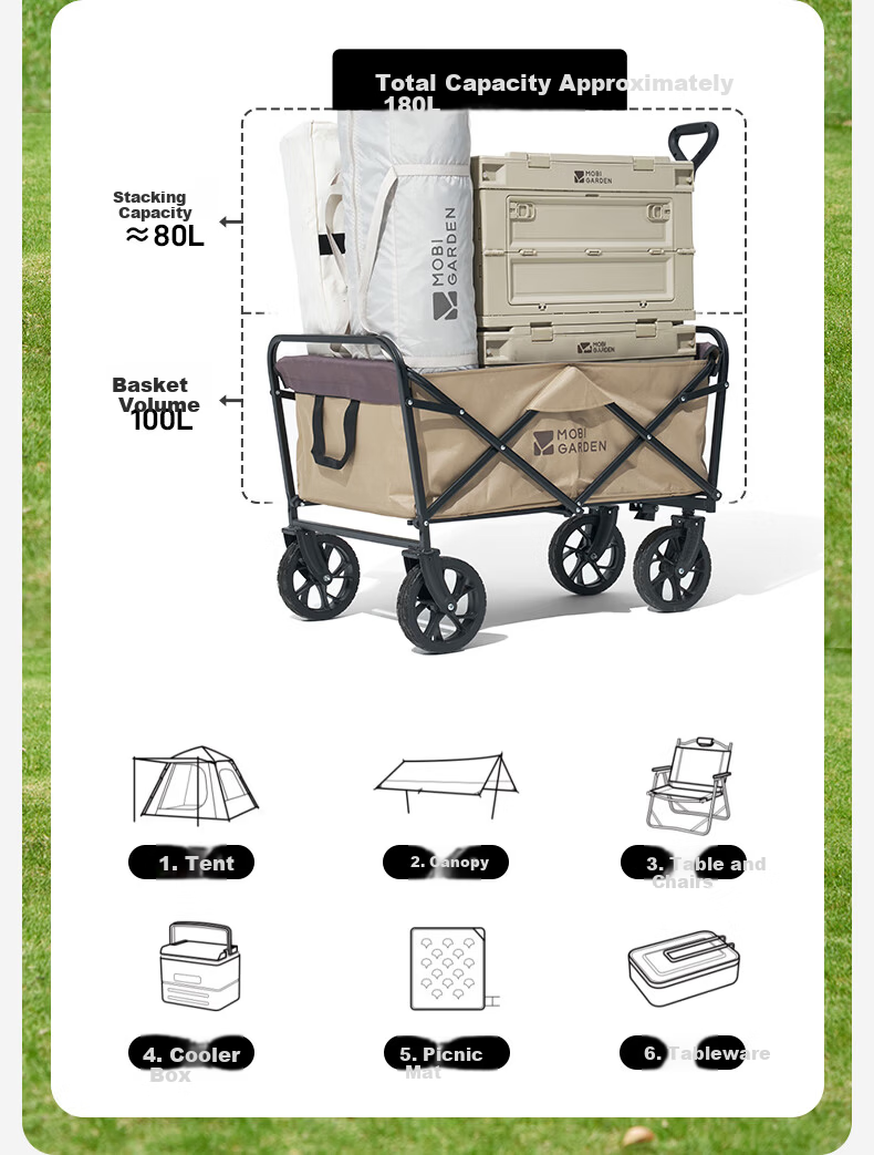 MOBIGARDEN Camp Cart Outdoor Camping Large Capacity Wide Wheel Dual Brake Folding Cart Interstellar NX24689019 Winter Bamboo Green 6