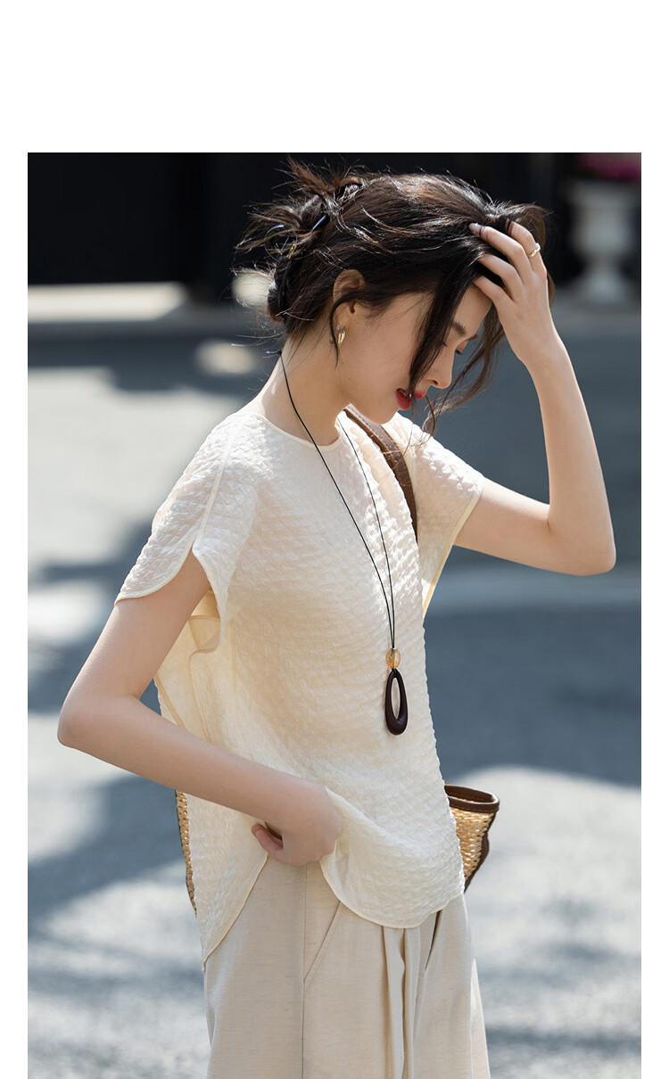 Demana Elegant Urban Summer Glossy Round Neck Drop Shoulder Short Sleeve Loose Slimming Concealed Shirt for Women High-End Feel 11