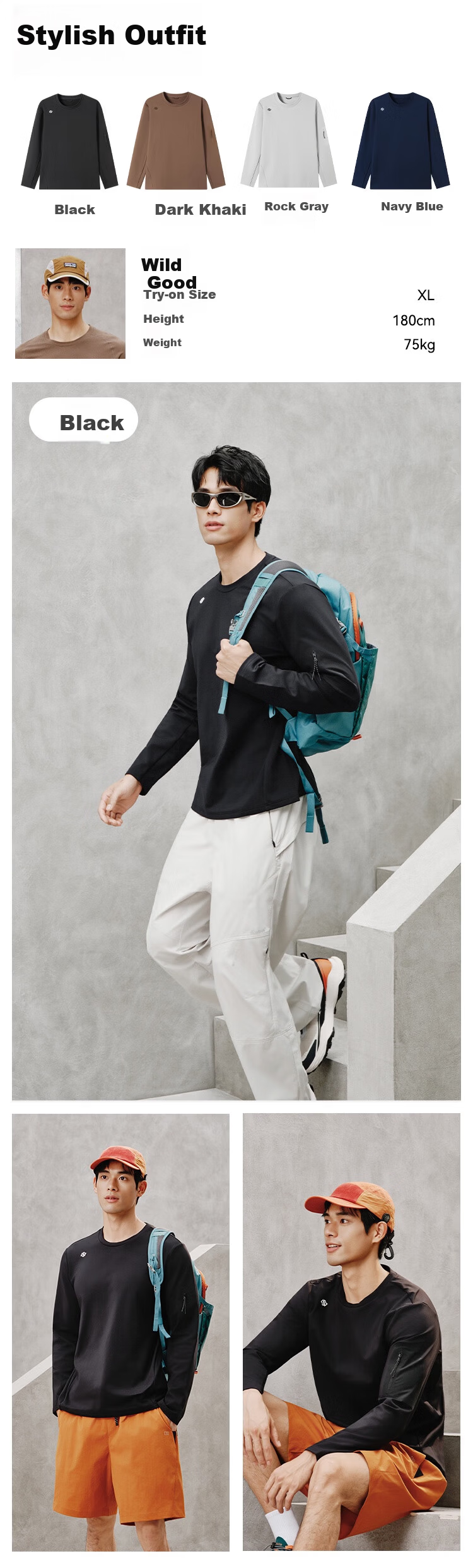 JD Jingzao Men's Autumn Winter 7A Antibacterial Sports T-Shirt Comprehensive Training Deodorant Long Sleeve Anti-Static Dark Khaki 2XL 16