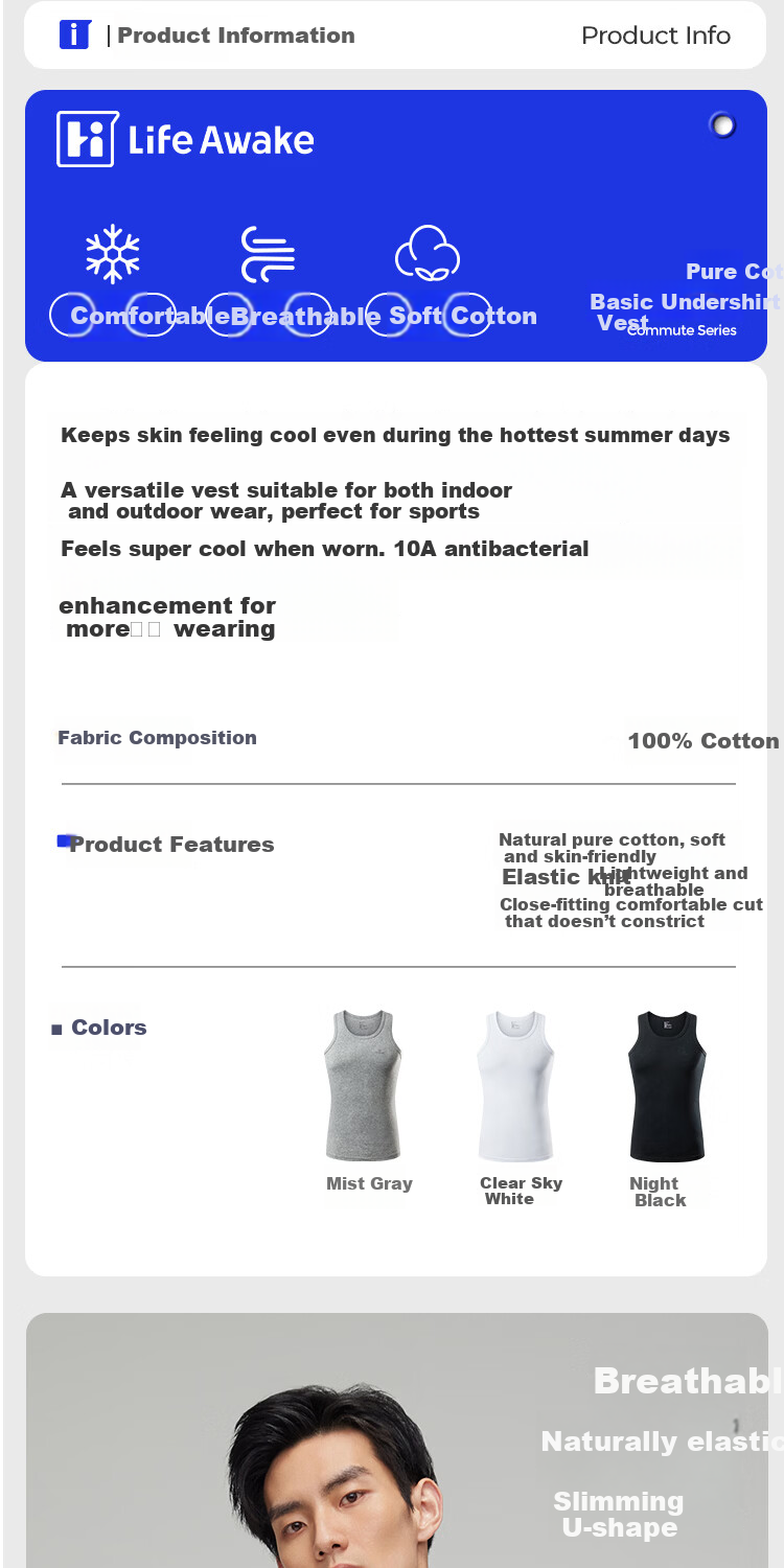 HLA Men’s Cotton Sleeveless Vest, Breathable Basic Thin Undershirt, 2-Pack 1
