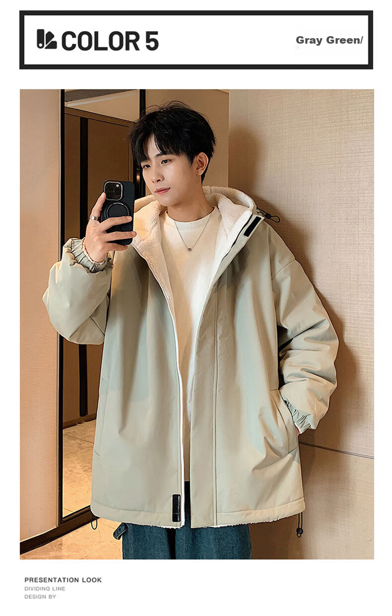 Miiow Men's Autumn Winter Cotton Jacket Lamb Wool Fleece Lined Casual Hooded Puffer Coat Gray Green 2XL 3