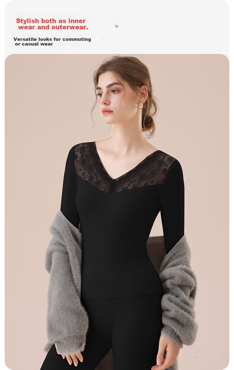 MiiOW Acrylic Thermal Women's Warm Underwear Lace Top Autumn Winter Slim Fit Base Shirt Black 8