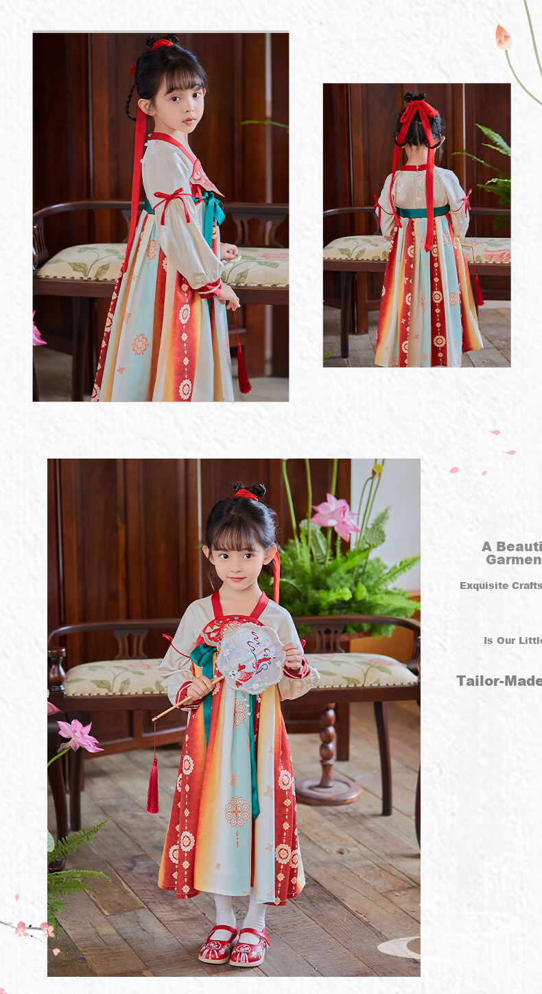 Follow Me Girls' Hanfu Spring and Autumn Heavy Embroidery Fairy Ruqun Traditional Chinese Dress Cream/Colorful 140 6