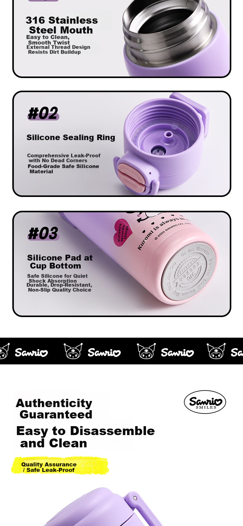 Sanrio 316 Stainless Steel Insulated Water Bottle 520ML Dual-Use Kids Cup Kuromi Pink Purple 901 7