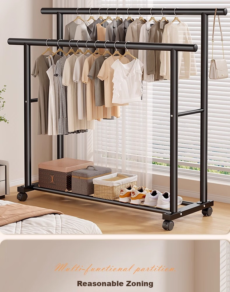 Shunyou Double Rod Floor Standing Coat Rack Indoor Mobile Clothes Hanger Storage Drying Rack Dormitory Clothes Drying Rack SY-1210 3