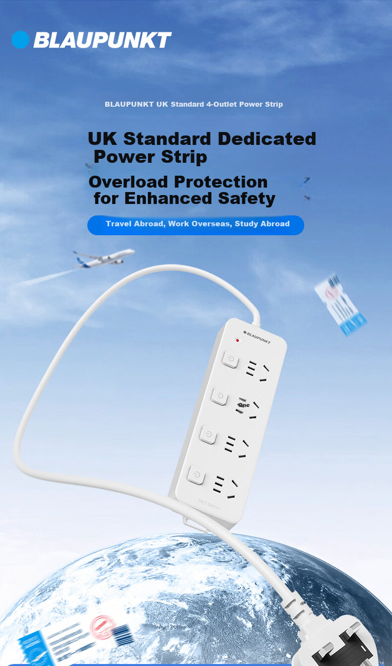 BLAUPUNKT British Standard Power Strip with UK Travel Adapter, 4-Socket Surge Protector with Individual Switches, 1.8m Cable, Compatible with Switch 2, for Hong Kong, Macau, UK, Singapore, UAE, Maldiv 1