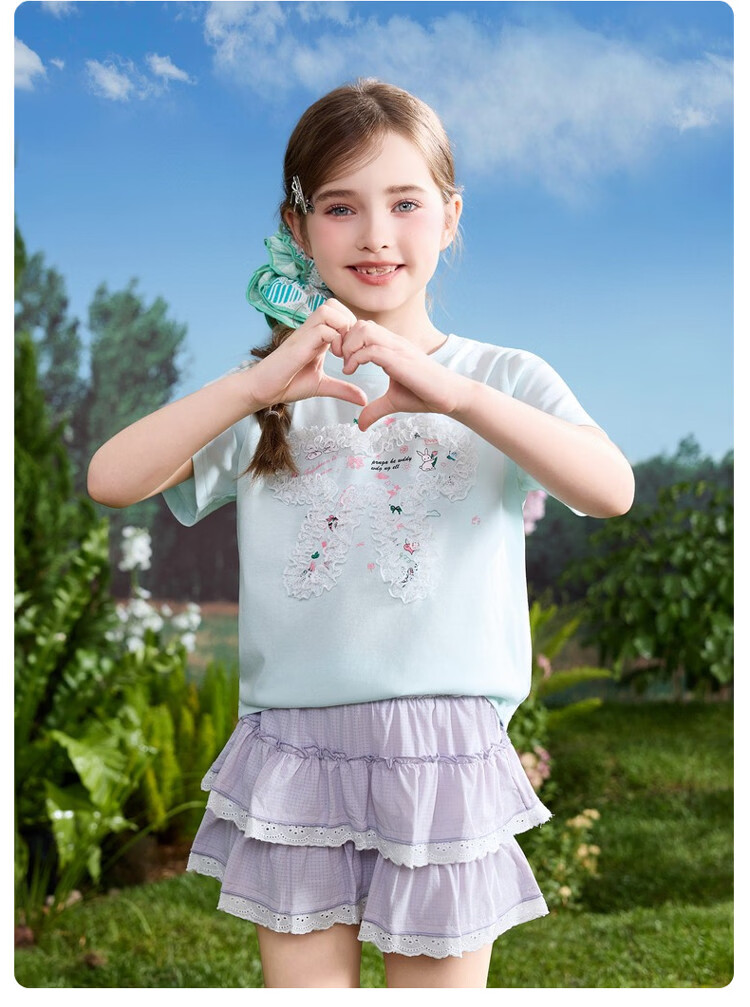 ASK JUNIOR Kids Short Sleeve 2026 Summer Sweet Cute Printed T-Shirt Girls Top Mint Green 150 14