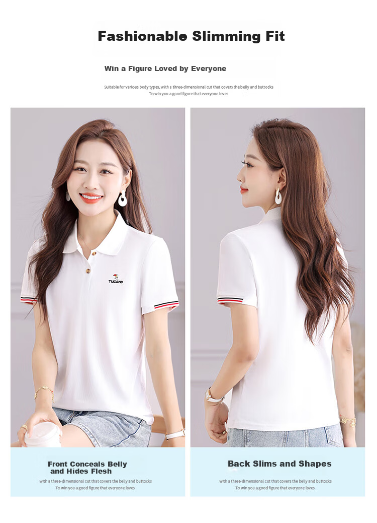 TUCANO Women's Summer New Polo Shirt Ice Silk Short Sleeve Turn-down Collar Slim Fit Sports Casual Top White 2XL 3