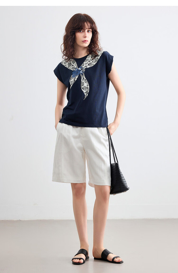 Demana [Cooling Black Technology Sorona] Summer Vintage Floral Bow Tie Round Neck Short Sleeve Loose Women's T-Shirt 19