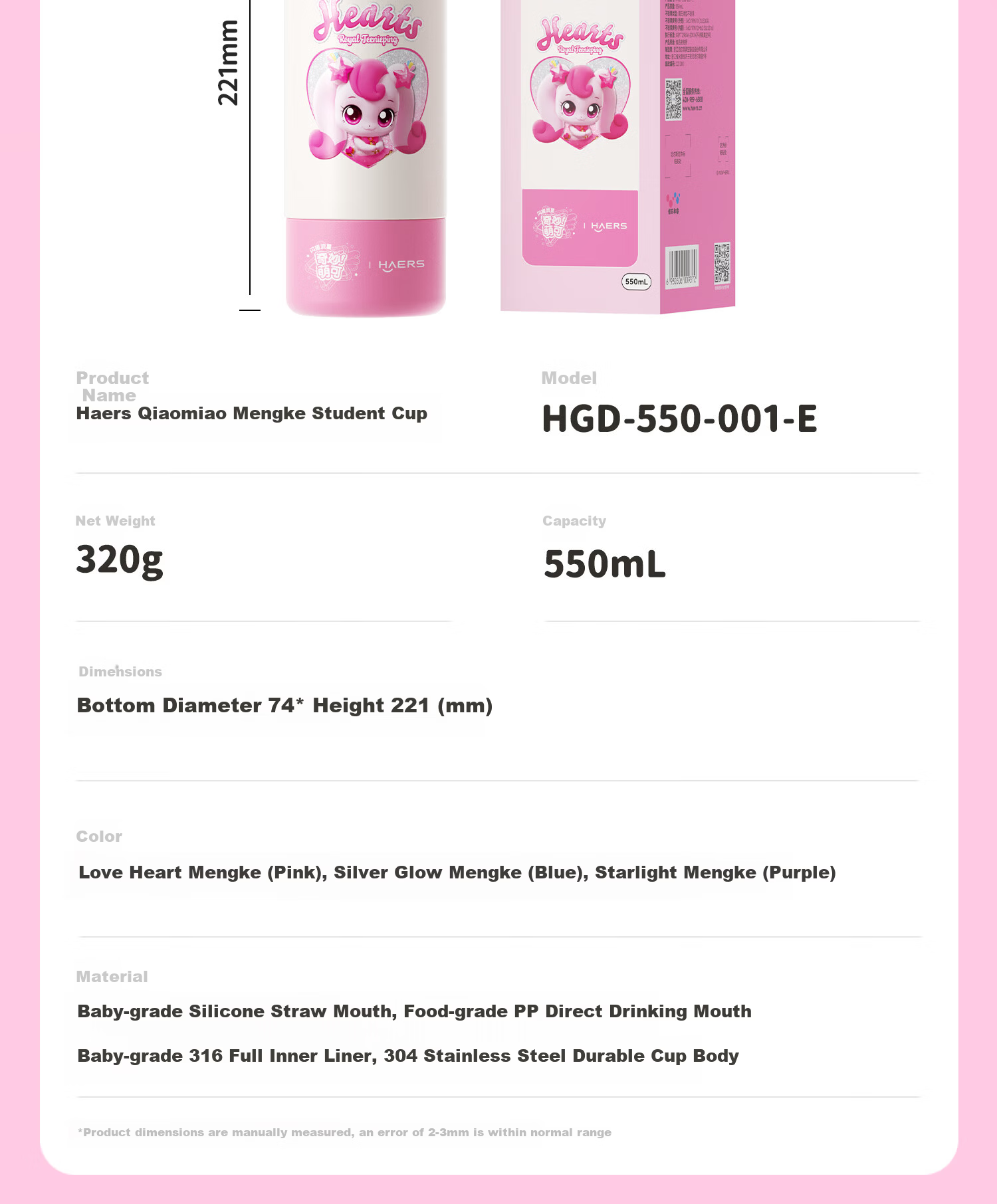 HAERS Cute Kids Insulated Straw Water Bottle Portable School Cup for Girls Pink 600ml 13