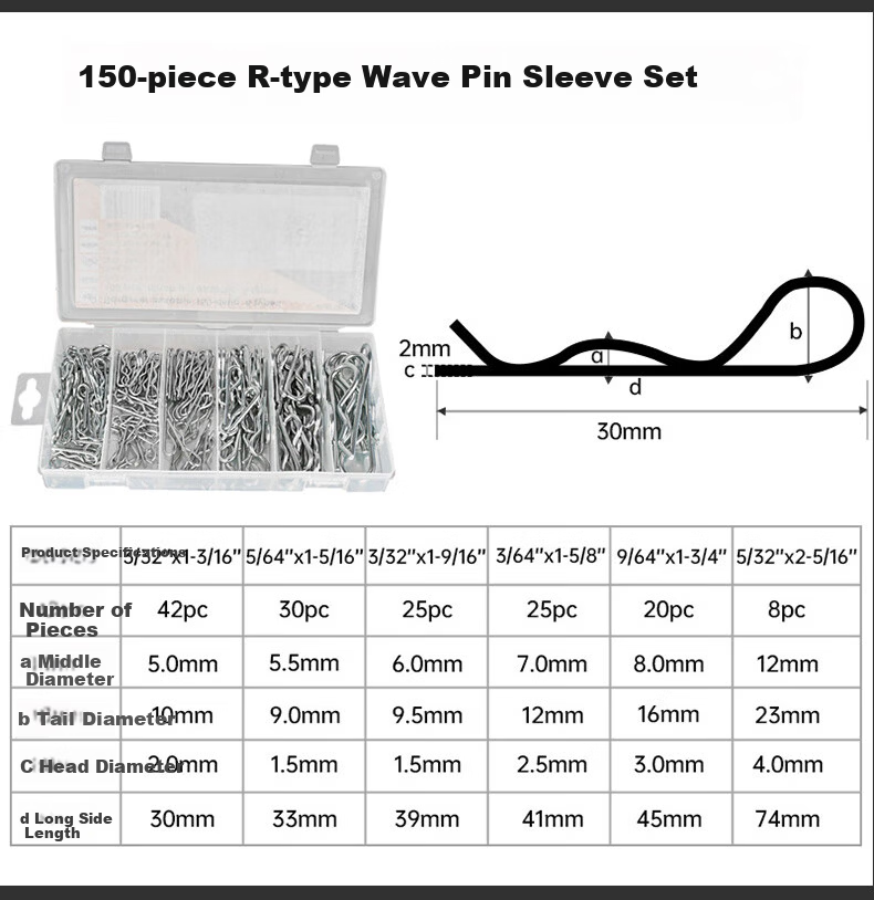 Kuanteng Open and Close Elastic Pin Carbon Steel Wave Pin R-Shaped Cotter Pin Hairpin Lock Pin Bolt Pin B-Type Pin Set 4