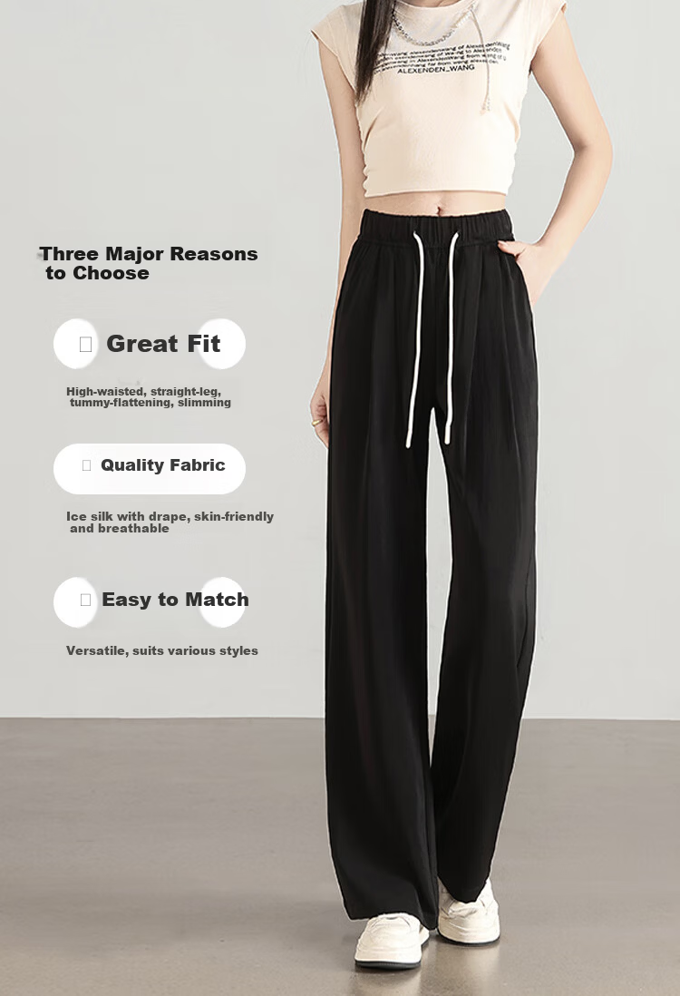 Free Style Slim Ice Silk Wide-Leg Pants for Women Summer Thin High Waist Draped Loose Slim Straight Casual Trousers 2