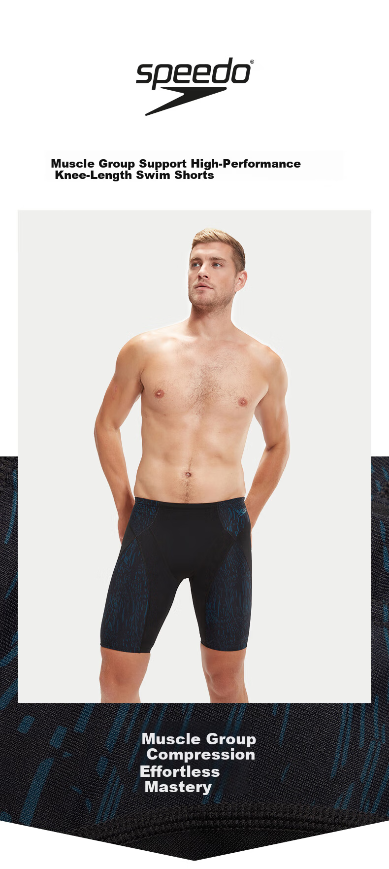 Speedo Men's Functional Series Muscle Support Swimming Fitness High-Elastic Quick-Dry Knee-Length Swim Shorts, Black/sky Blue, Size 36 1