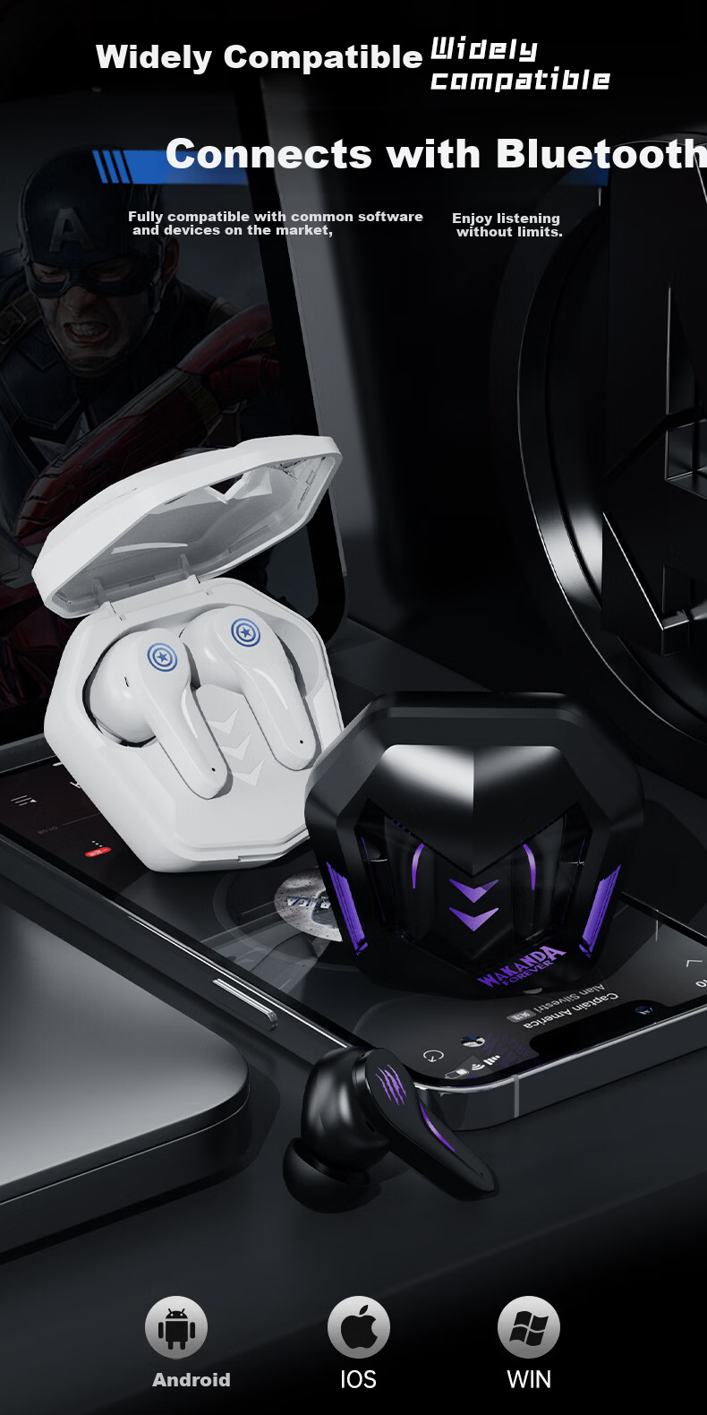 DISNEY Marvel Collaboration Bluetooth Earphones High-Value Mecha Gaming Surround Sound In-Ear Headphones Back-to-School Gift for Boys MR63 Black Panther 8