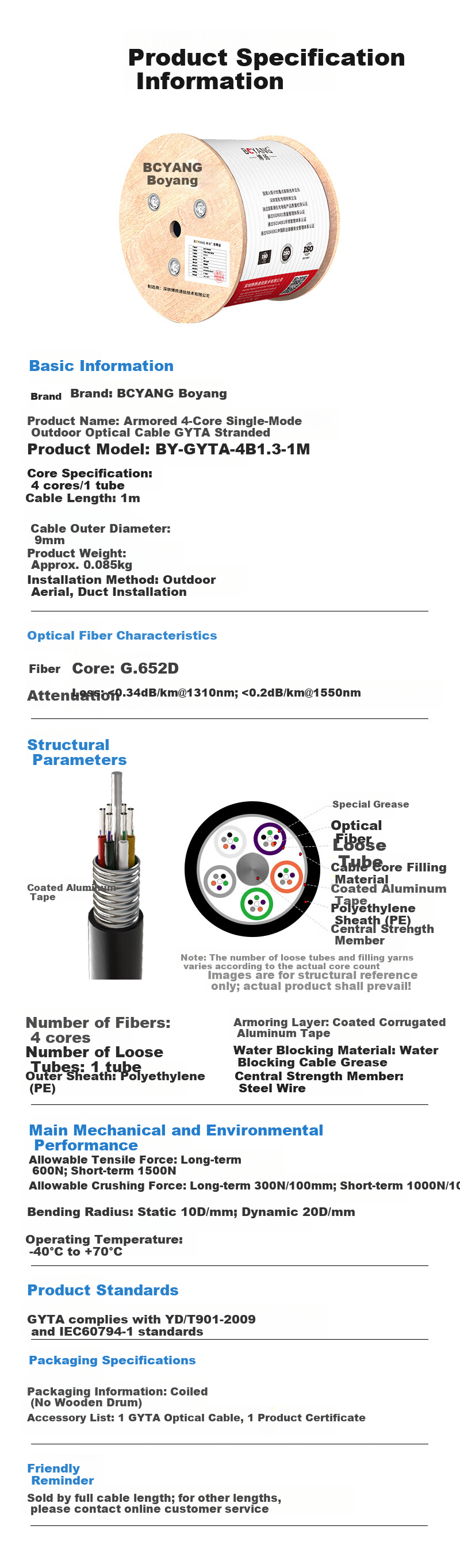 BOYANG GYTA Armored Single-Mode Outdoor Optical Cable 4-Core Communication Fiber Optic Cable Rodent-Resistant Layer-Stranded Outdoor Aerial/Pipeline 1 Meter BY-GYTA-4B1.3-1M 11