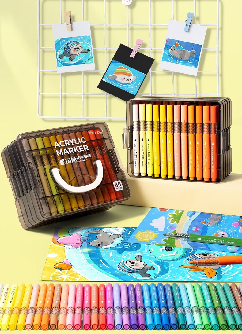 Deli 36-Color Children's Student Stacking Box Star Flash Cabin Round Acrylic Markers Watercolor Pens Birthday Gift Waterproof Hand-painted Gouache Fluorescent Markers New Year Tree Graffiti 4