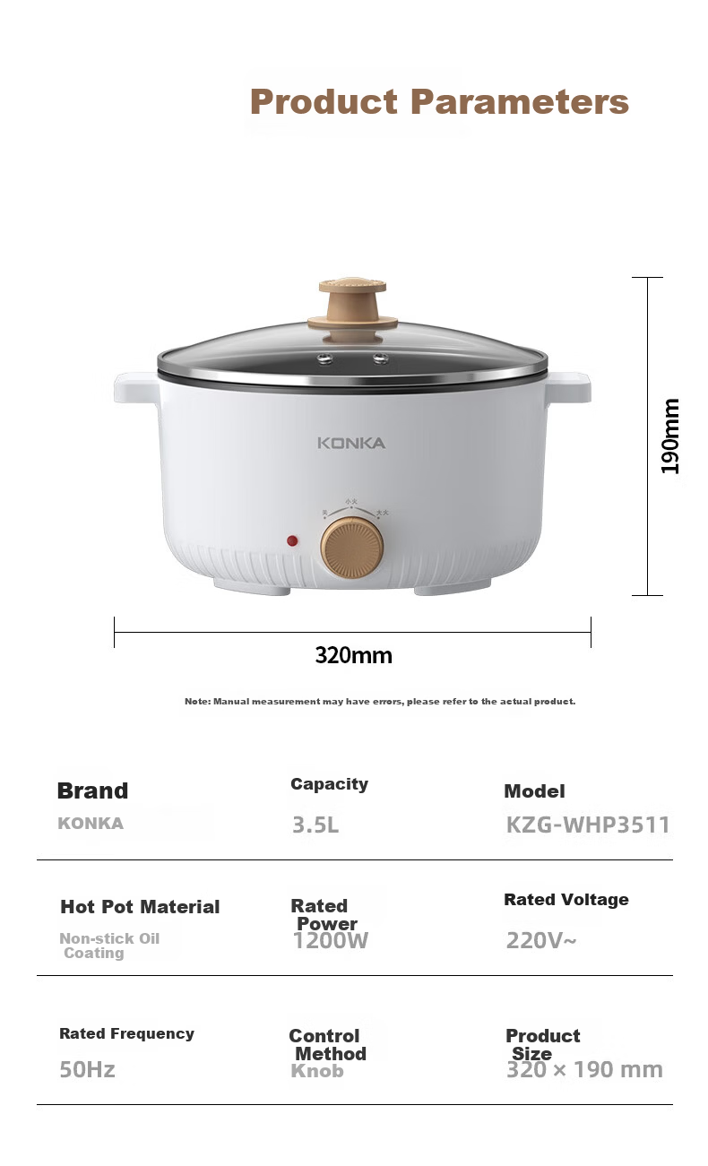 KONKA Electric Hot Pot 3.5L Multifunctional Household Electric Cooker Non-stick Hot Pot Dormitory Cooking Pot Noodle Cooker KZG-WHP3511 11