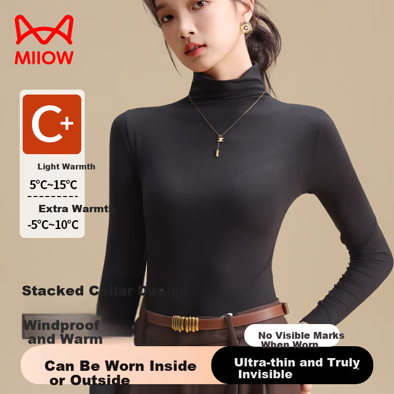 Miiow Women's Stylish Black Slim Fit Turtleneck Thermal Base Layer Top