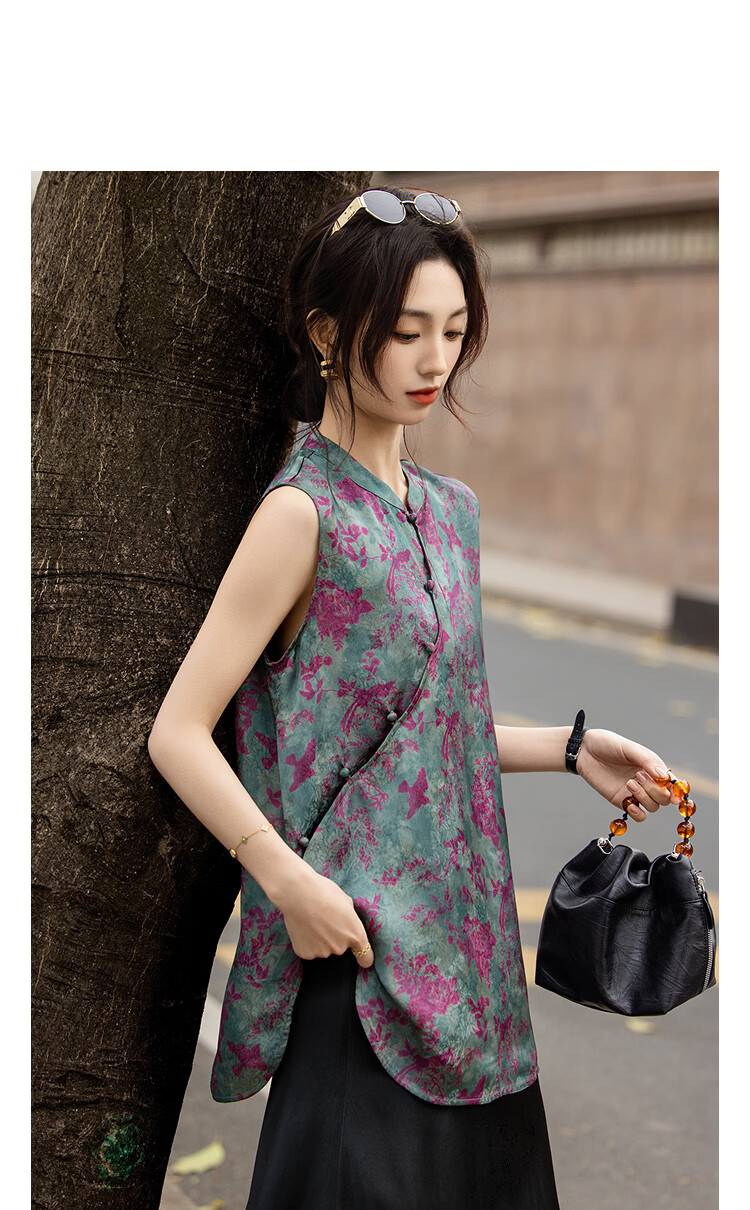 Demana [Human Silk Gauze Print] Summer National Style New Chinese Small Stand Collar Asymmetric Loose Slim Women's Shirt 9