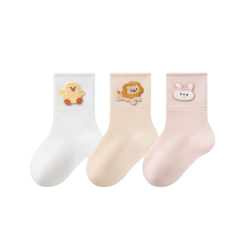 Five Cotton Flowers 3-Pair Children's Mesh Combed Cotton Mid-Calf Seamless Cartoon Baby Socks Class A