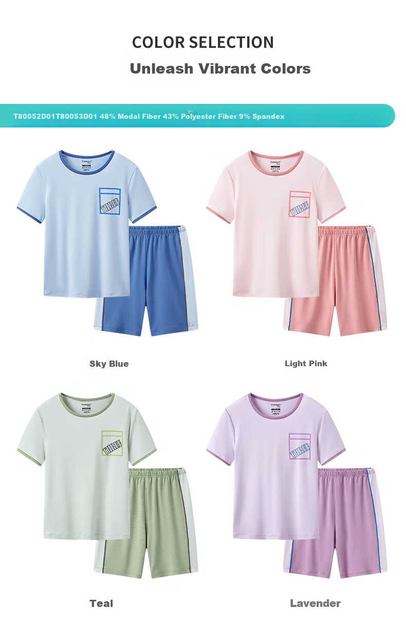 THREEGUN Kids Anti-Mite Antibacterial Modal Moisture-Wicking Homewear Set, Short Sleeve and Shorts, Light Purple, Size 110 16