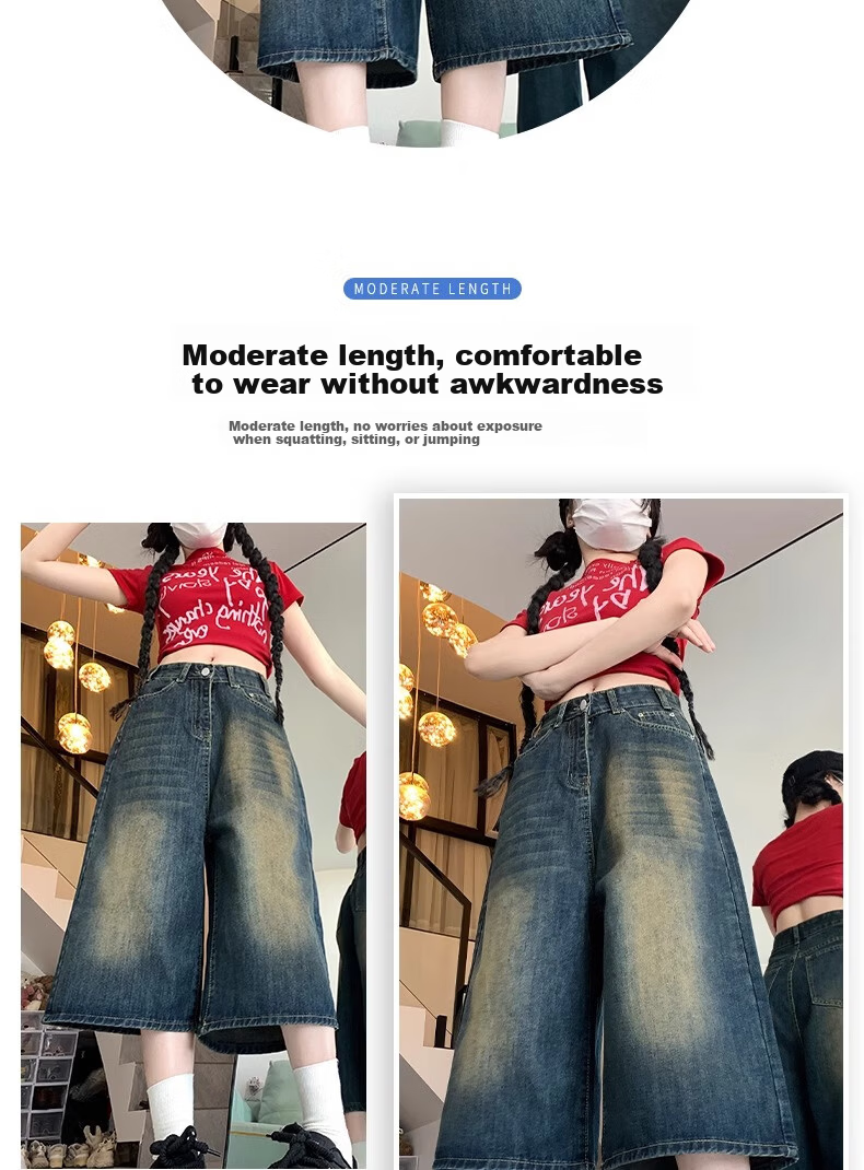 LangSha Women's 7/8 Length Denim Jeans Summer 2025 New Retro High-Waist Slimming Loose Wide-Leg Pants 5